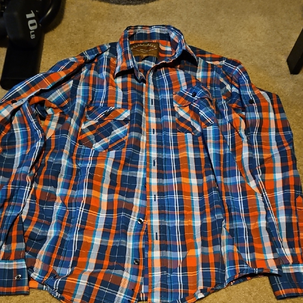Men's large Red Camel Plaid Shirt - Blue and Orange
